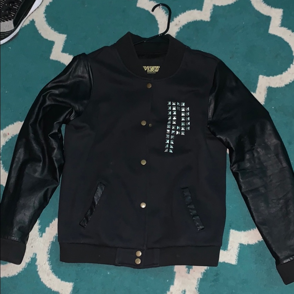 PINK button up jacket with leather sleeves